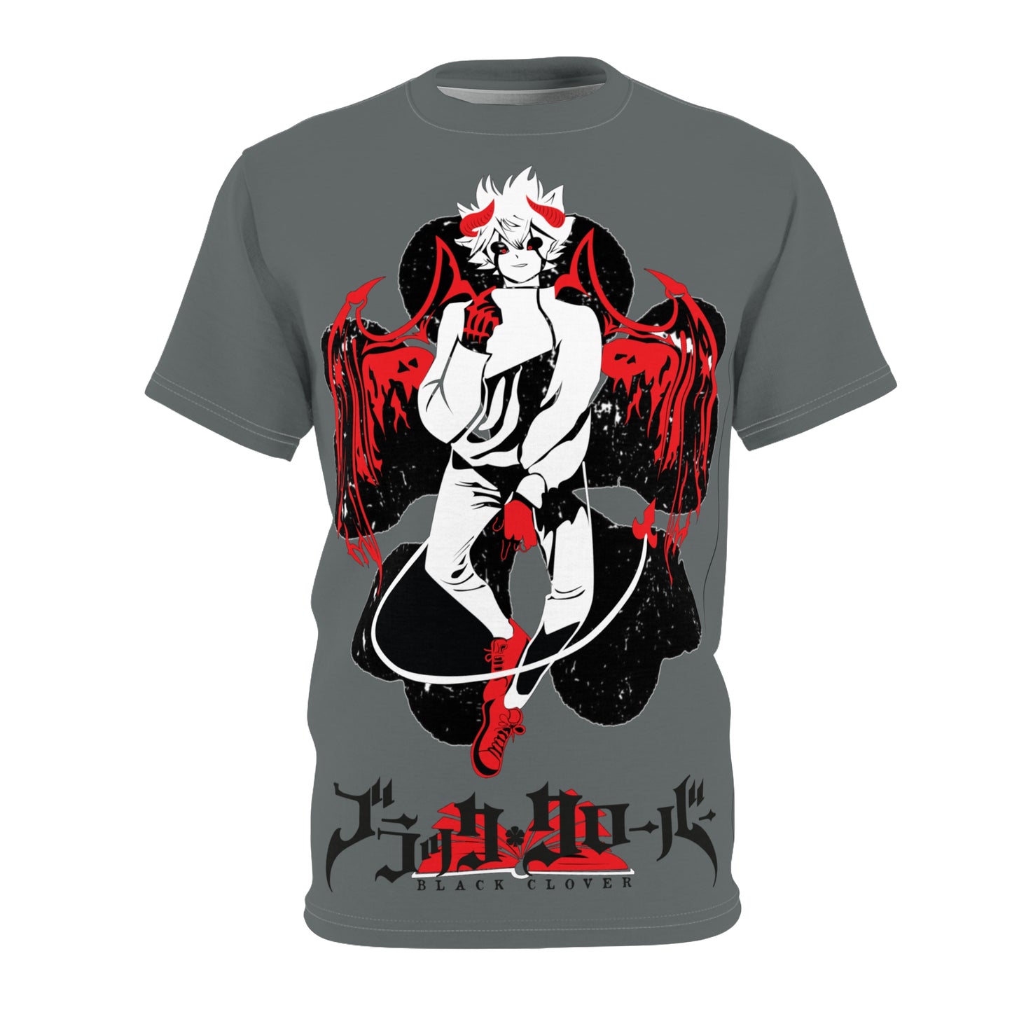 Black Clover Asta demon print unisex anime tee featuring all-over manga-inspired design, casual Japanese manga fan shirt