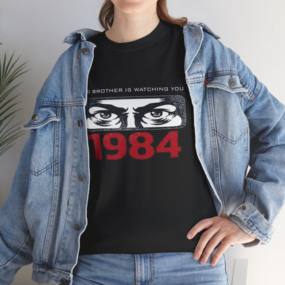 Black Big Brother Is Watching You 1984 T-Shirt by Printify featuring George Orwell dystopian and political protest design.