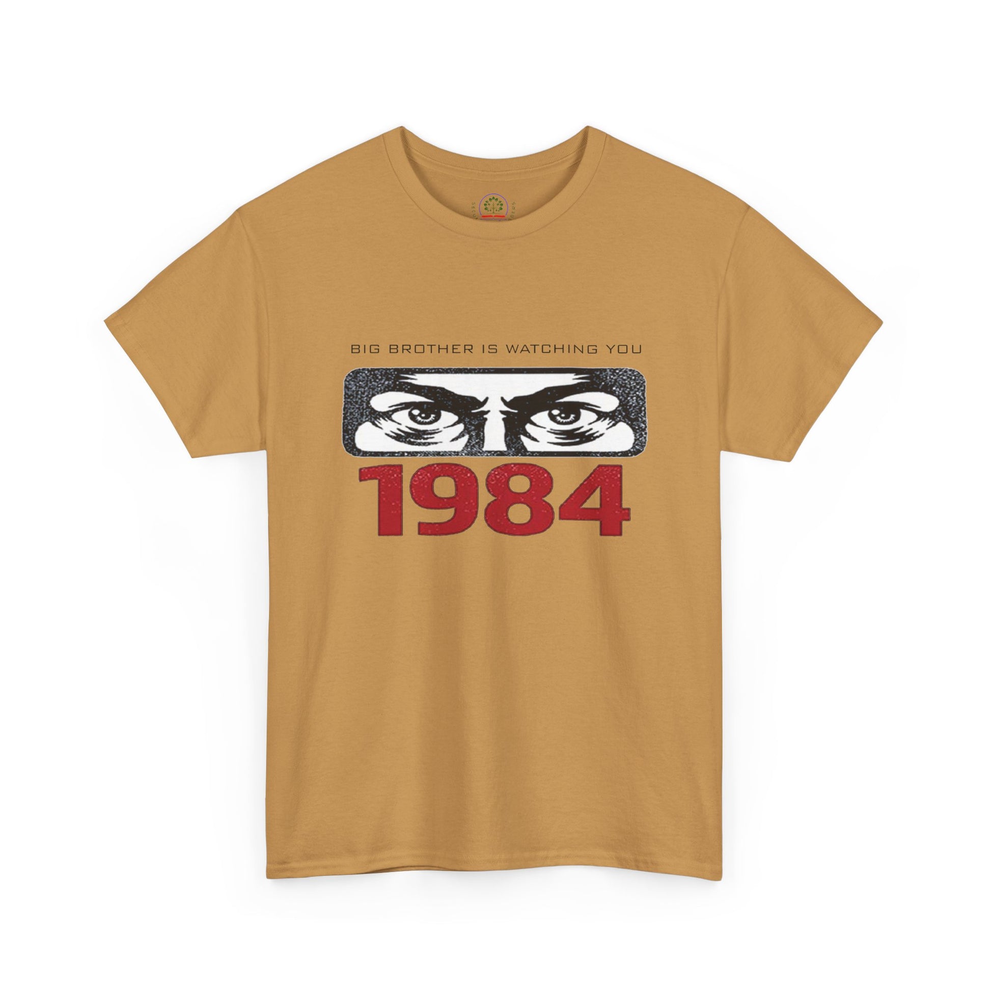 Gray "Big Brother Is Watching You" George Orwell 1984 dystopian T-shirt by Printify, featuring bold political protest text.