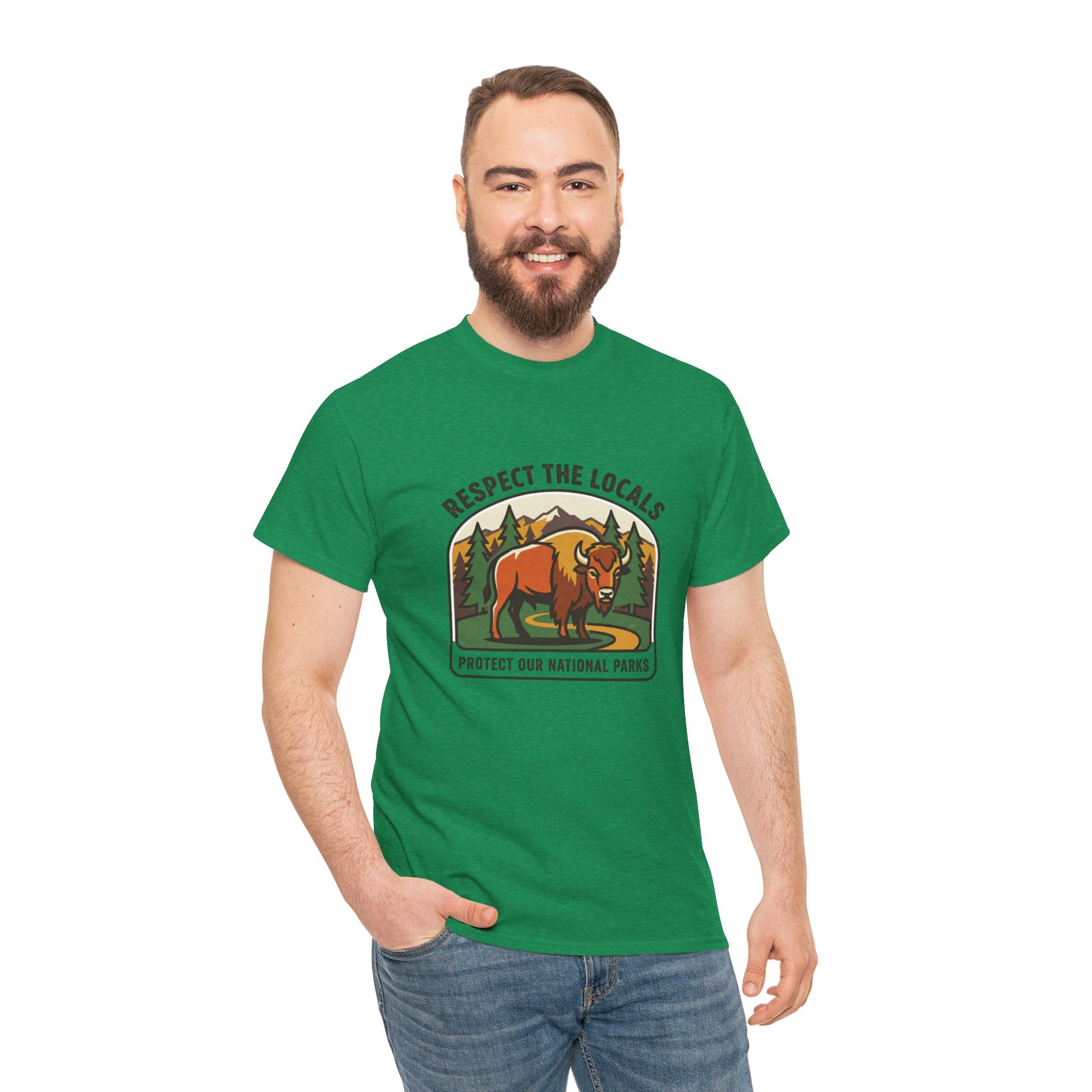Respect the Locals Bison Patch T-Shirt featuring a bison graphic, ideal for hiking and camping souvenirs, by Printify.