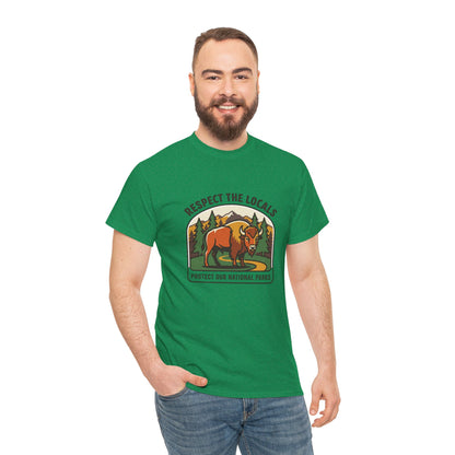 Respect the Locals Bison Patch T-Shirt featuring a bison graphic, ideal for hiking and camping souvenirs, by Printify.
