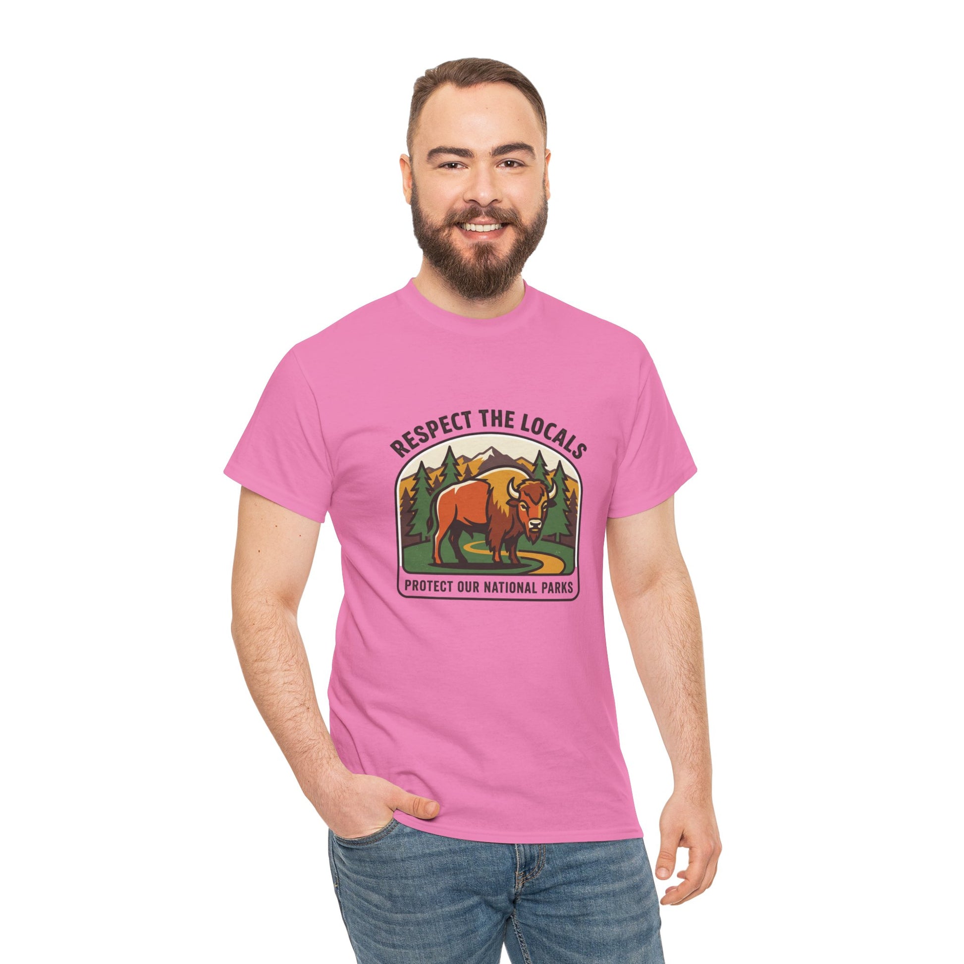 Respect the Locals Bison Patch T-Shirt featuring a bison graphic, ideal for hiking and camping souvenirs, by Printify.