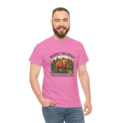 Respect the Locals Bison Patch T-Shirt featuring a bison graphic, ideal for hiking and camping souvenirs, by Printify.