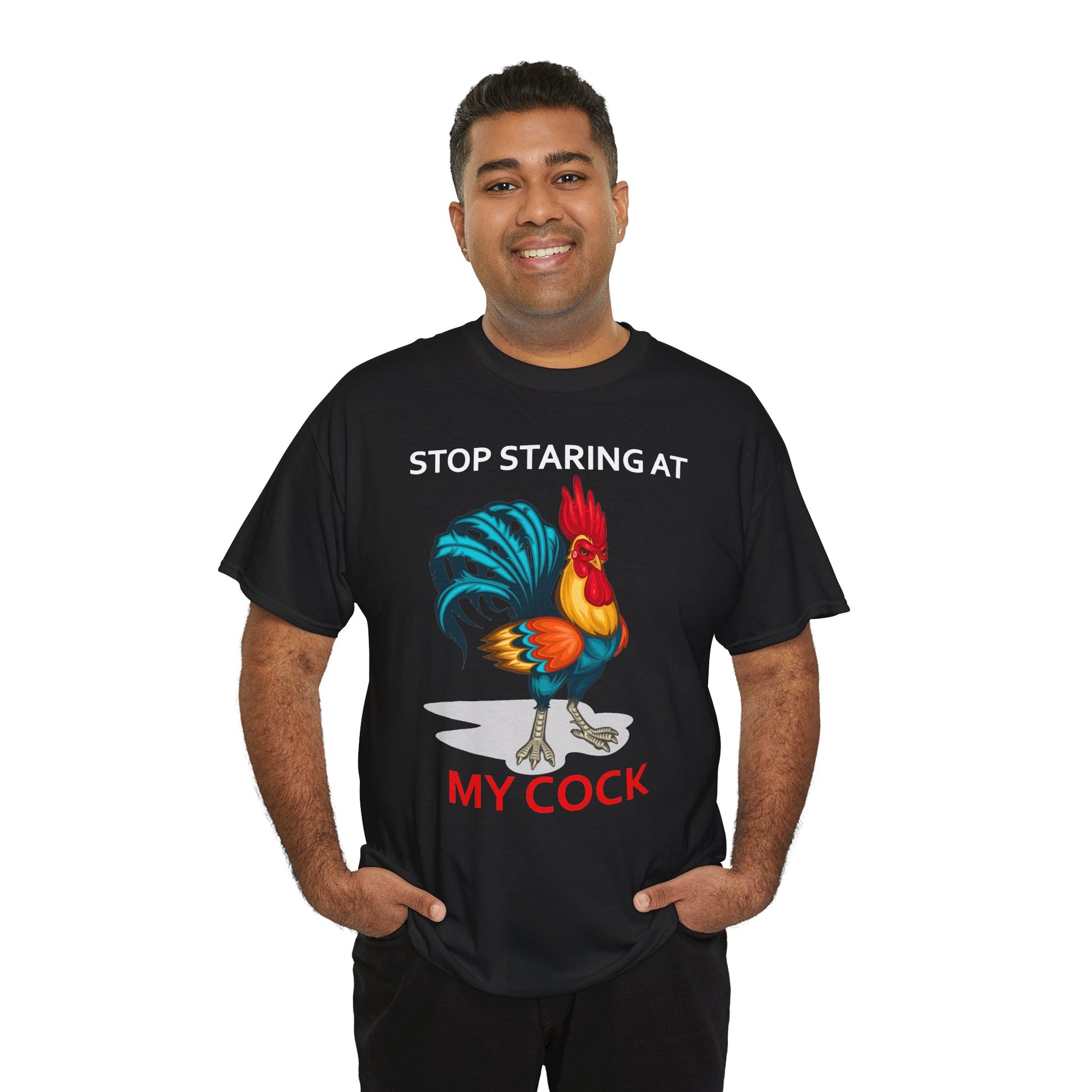 Unisex T-shirt featuring humorous "Stop Staring at My Cock" chicken graphic for farm animal lovers by Printify.