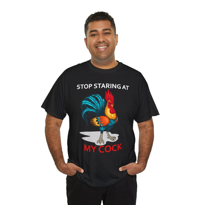 Unisex T-shirt featuring humorous "Stop Staring at My Cock" chicken graphic for farm animal lovers by Printify.