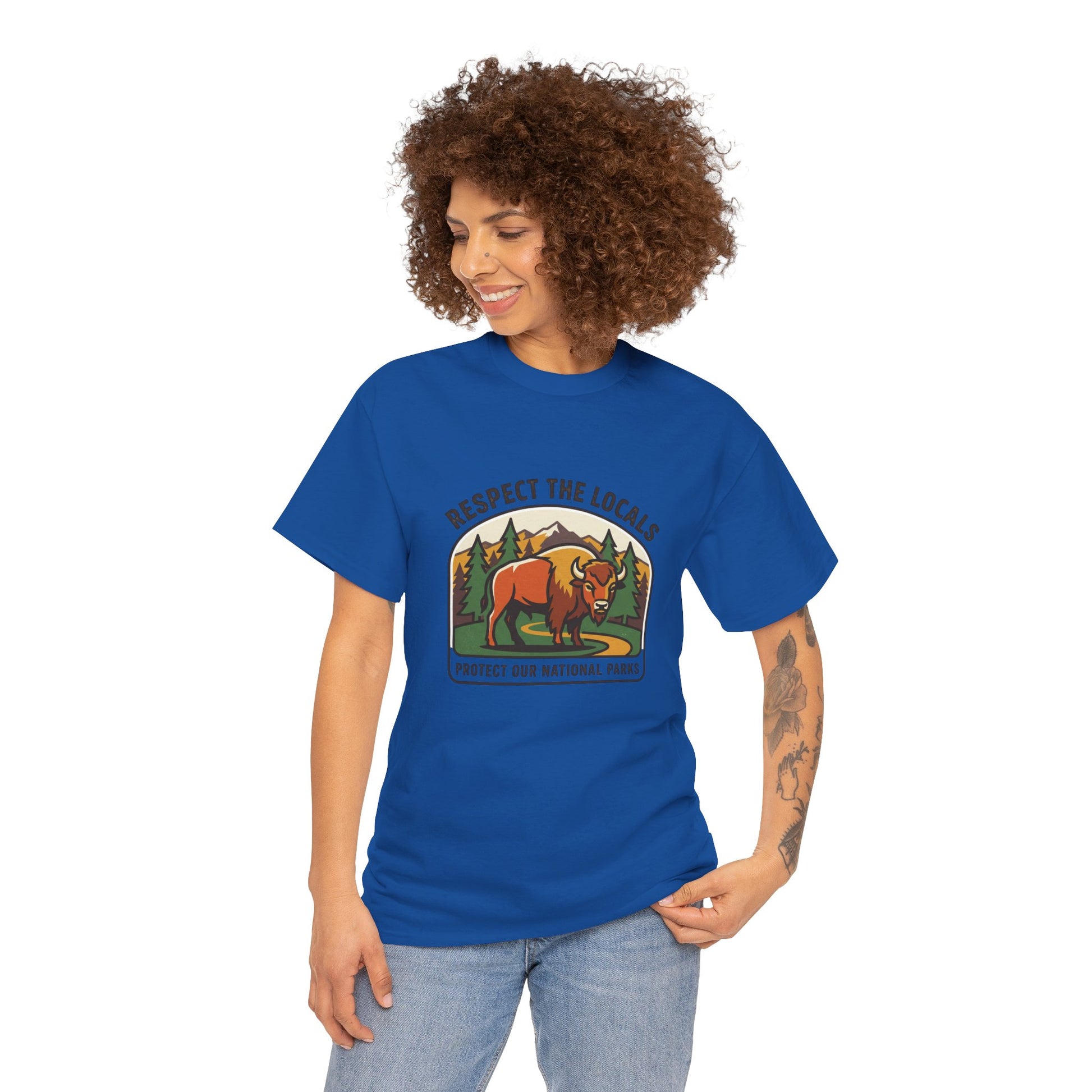 Respect the Locals Bison patch T-shirt featuring a mountain and bison graphic, ideal for hiking and camping enthusiasts.