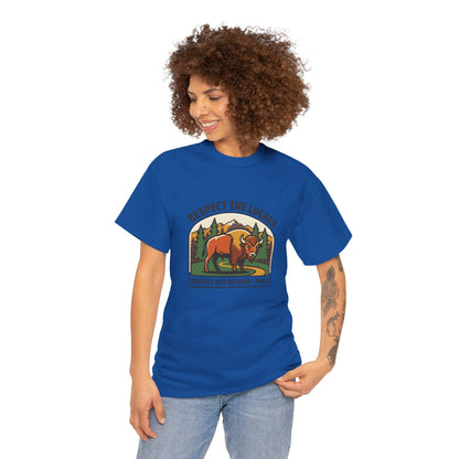 Respect the Locals Bison patch T-shirt featuring a mountain and bison graphic, ideal for hiking and camping enthusiasts.