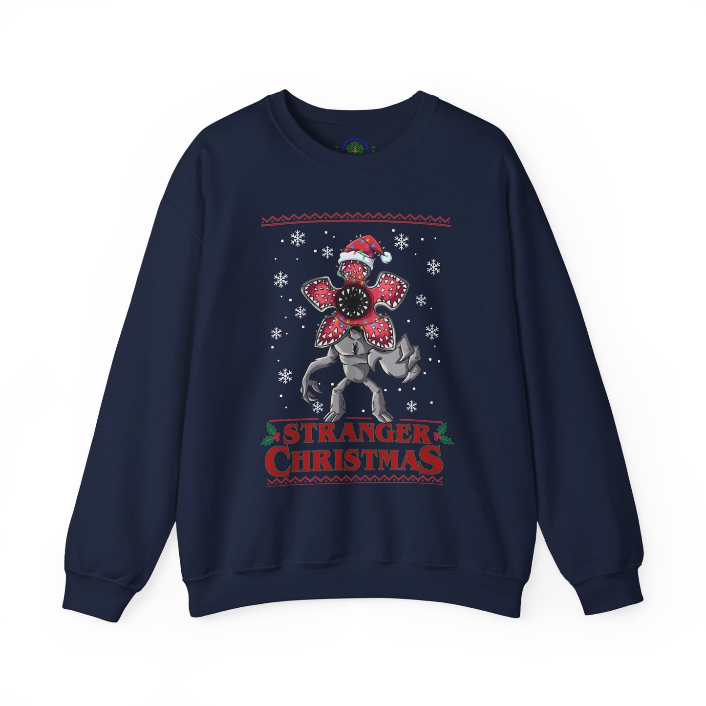 Stranger Christmas Crewneck Sweatshirt — Retro Holiday Stranger Things Demogorgon Design, Ugly Sweater