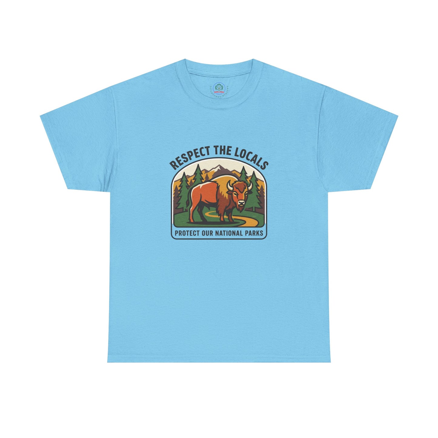 Respect the Locals Bison patch T-shirt by Printify featuring a bison patch design, perfect for hiking and camping souvenirs.