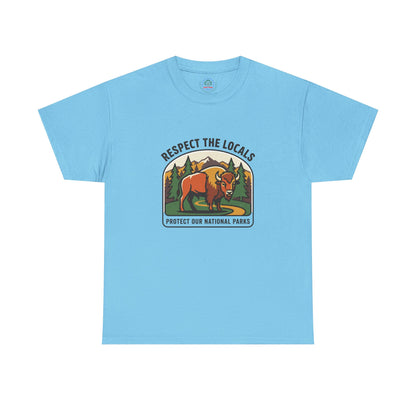 Respect the Locals Bison patch T-shirt by Printify featuring a bison patch design, perfect for hiking and camping souvenirs.