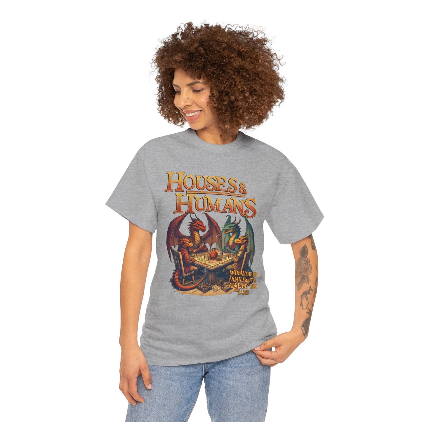 Printed Houses and Humans Role-Playing T-shirt featuring RPG and MTG-inspired design, casual geek gift tee.