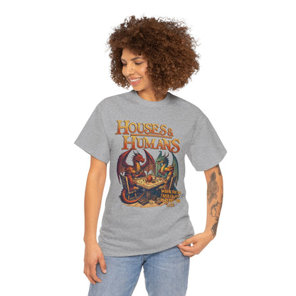 Printed Houses and Humans Role-Playing T-shirt featuring RPG and MTG-inspired design, casual geek gift tee.