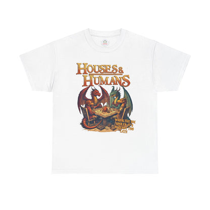 Gray RPG TCG Role-Playing T-shirt featuring houses and humans design, ideal for geek gift and roleplay game fans.