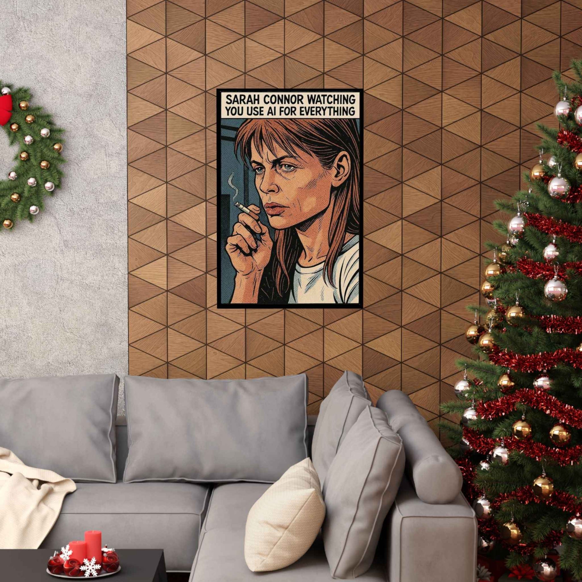 Sarah Connor Watching You Use AI Matte Poster, Sarcastic Cyberpunk, Sci-Fi Retro