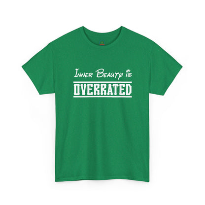 Unisex black graphic T-shirt featuring "Inner Beauty Is Overrated" humorous print, casual style, from Printify.