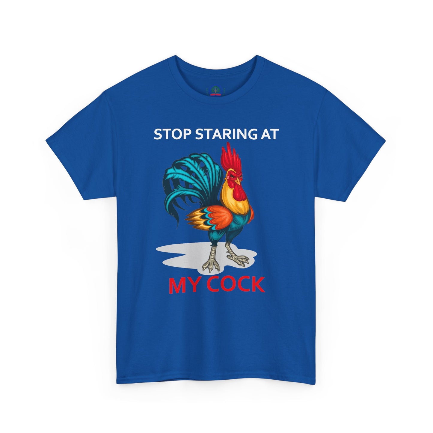 Funny chicken lovers T-shirt featuring a humorous "Stop Staring at My Cock" design, unisex farm animal graphic by Printify.