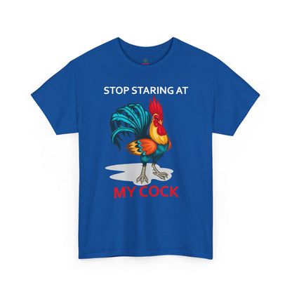 Funny chicken lovers T-shirt featuring a humorous "Stop Staring at My Cock" design, unisex farm animal graphic by Printify.