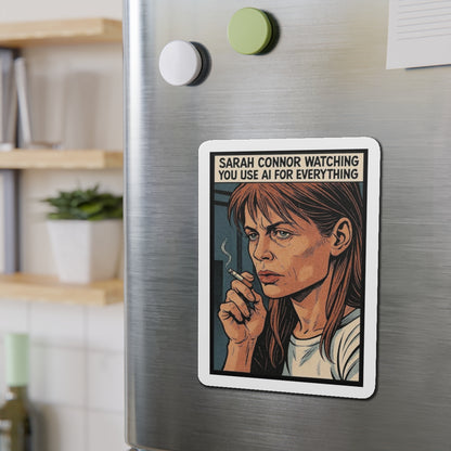 Sarah Connor AI die-cut magnet featuring a cyberpunk-inspired design for home decor, showcasing a futuristic and sarcastic style.