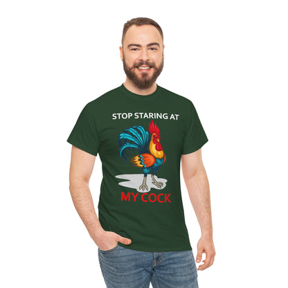 Funny chicken lovers T-shirt with "Stop Staring at My Cock" slogan, unisex farm animal print by Printify.