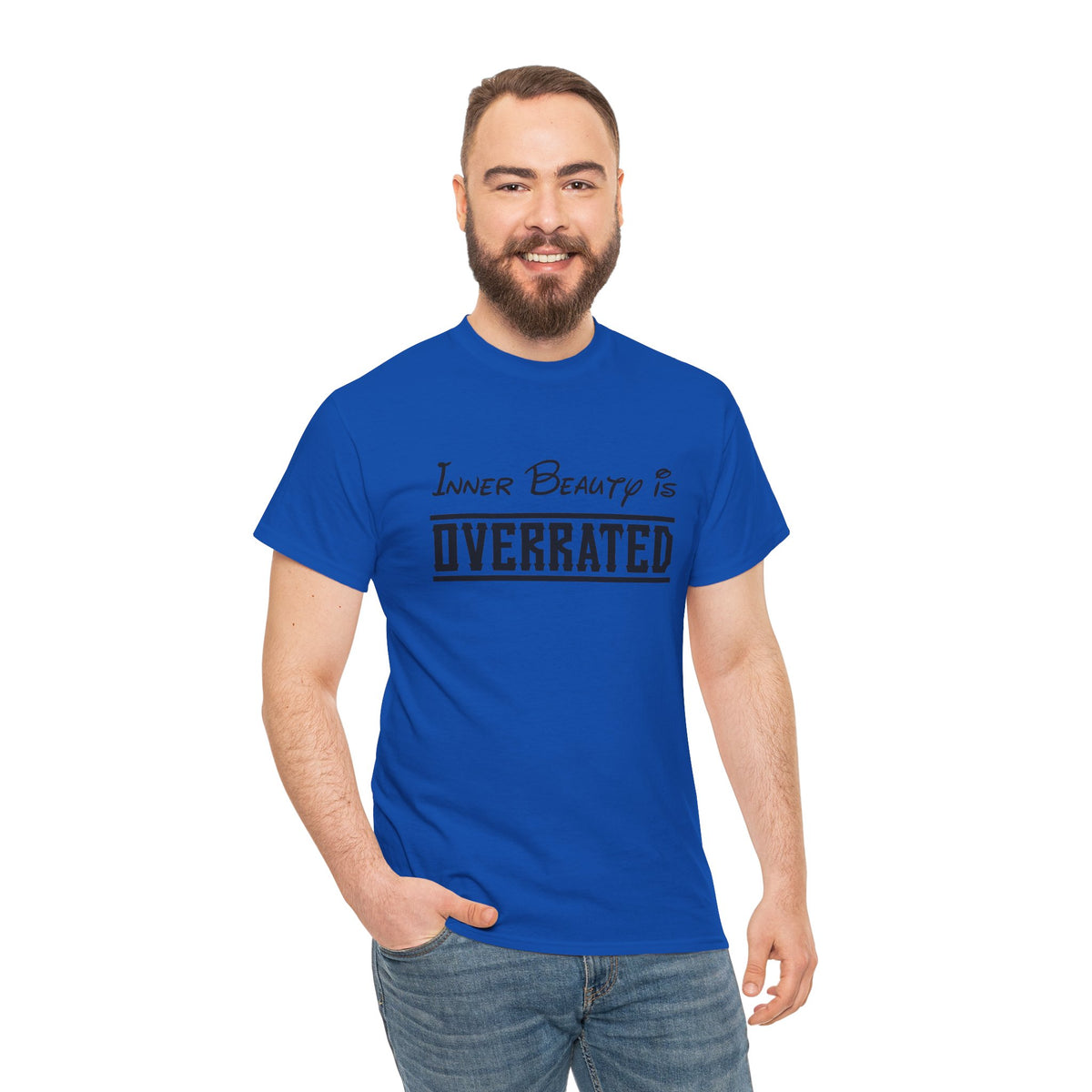 Unisex graphic T-shirt featuring "Inner Beauty Is Overrated" slogan, casual fit, printed by Printify, with bold black text.