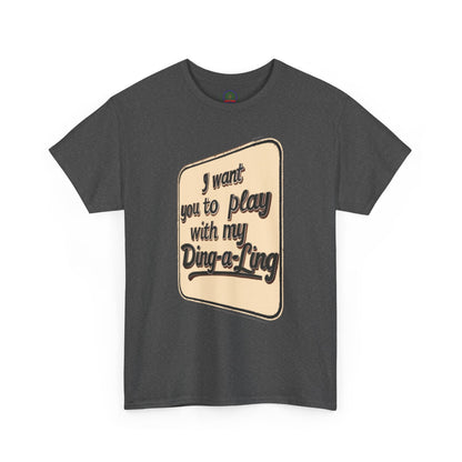 Retro novelty graphic T-shirt by Printify featuring Chuck Berry's "I Want You to Play with My Ding-a-Ling" humorous design.