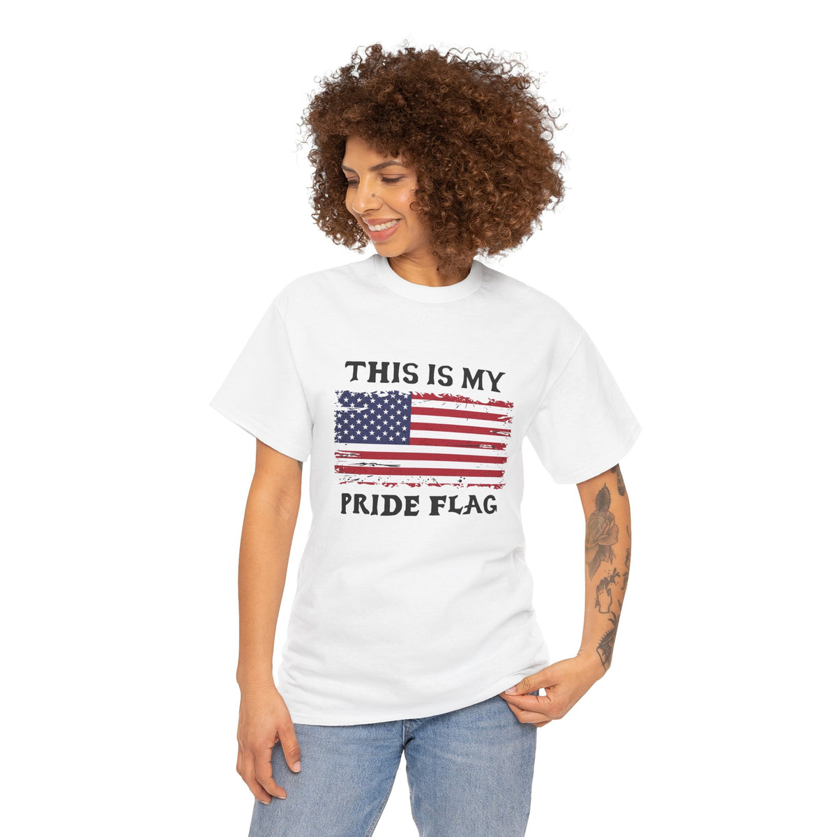 Unisex patriotic T-shirt with distressed American flag design and "This Is My Pride Flag" message, made by Printify.