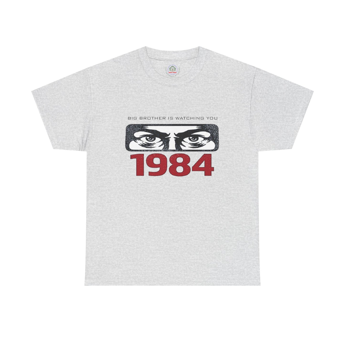 Gray Big Brother Is Watching You 1984 T-Shirt featuring George Orwell dystopian design on a Printify brand tee.