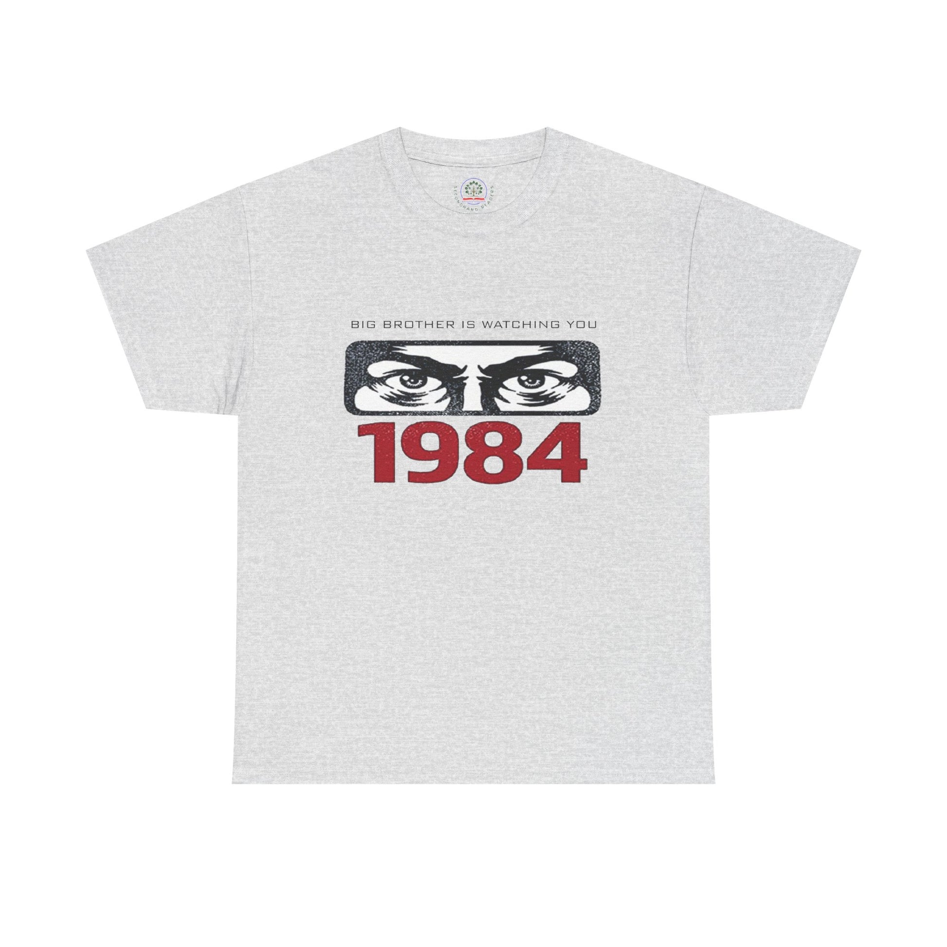 Gray Big Brother Is Watching You 1984 T-Shirt featuring George Orwell dystopian design on a Printify brand tee.