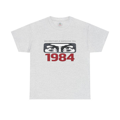 Gray Big Brother Is Watching You 1984 T-Shirt featuring George Orwell dystopian design on a Printify brand tee.