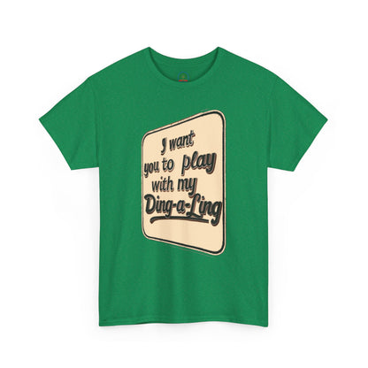 Retro graphic T-shirt by Printify featuring Chuck Berry-inspired "I Want You to Play with My Ding-a-Ling" humorous design.