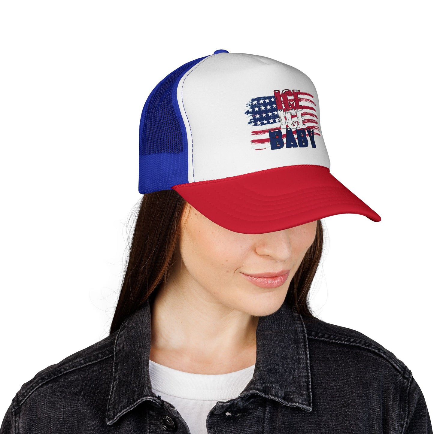 Patriotic Hat, Unisex Trucker Cap, Ice Ice Baby American Flag, America First, Red White and Blue, USA - Secondhand Readers