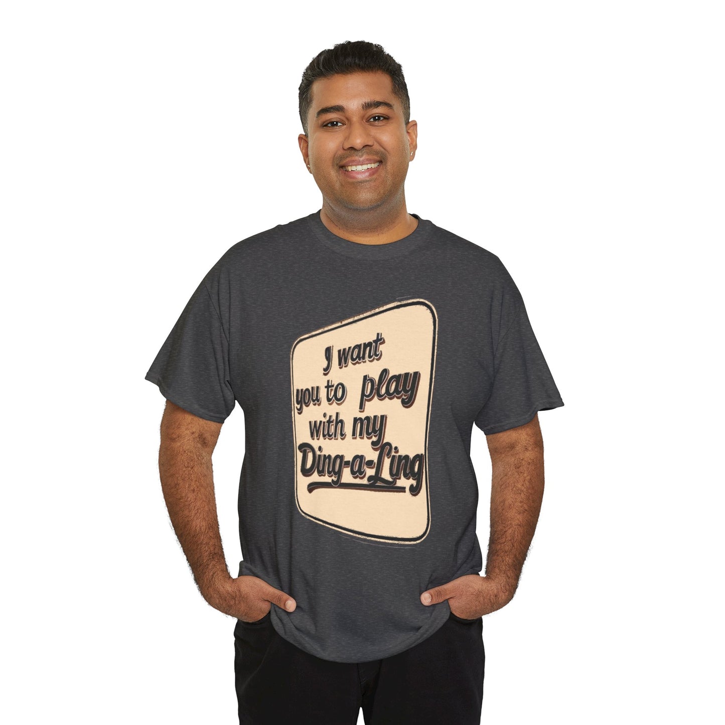 Retro graphic T-shirt featuring Chuck Berry's "I Want You to Play with My Ding-a-Ling" slogan, casual novelty humor tee.