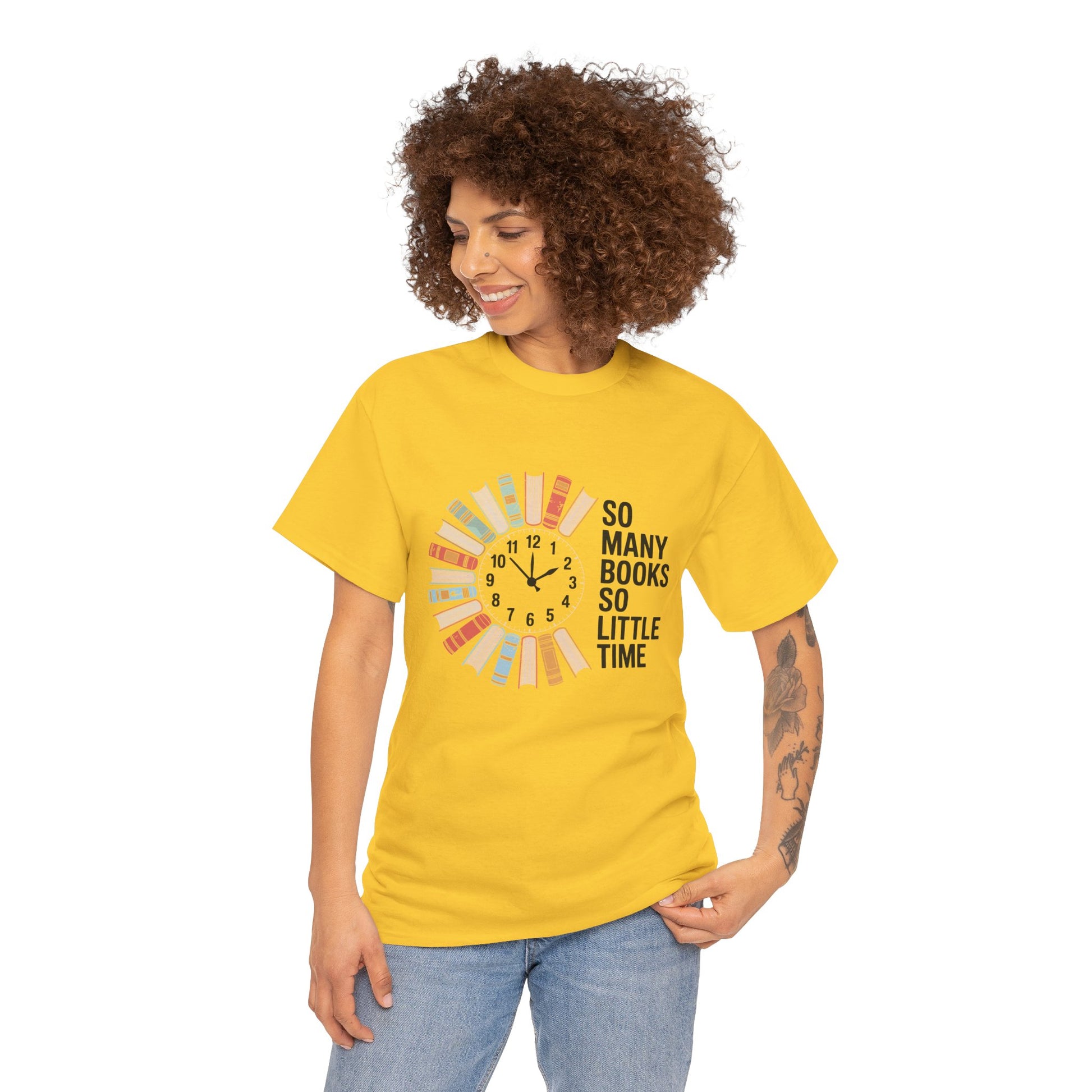 Gray T-shirt with a clock and book illustrations, featuring "So Many Books So Little Time" text, perfect for book lovers.