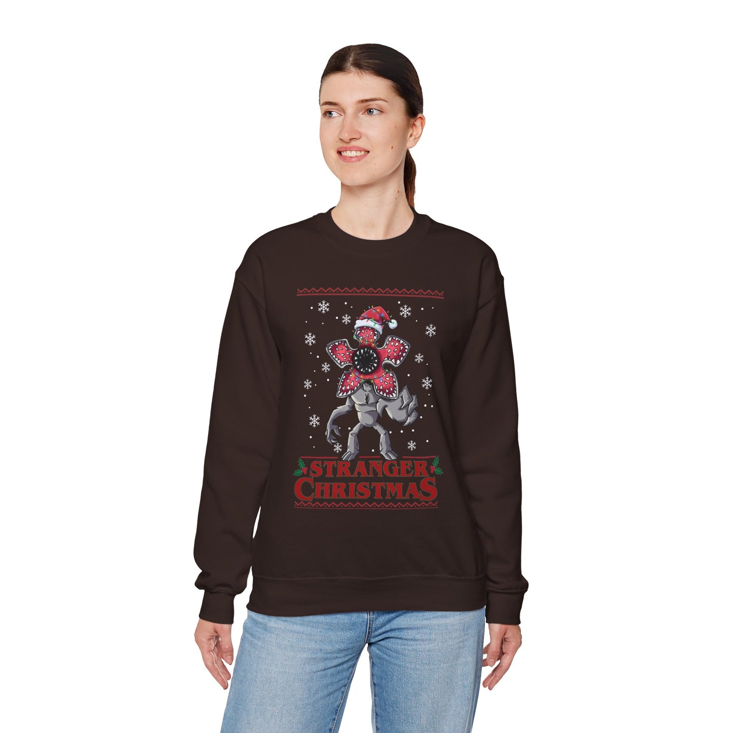 Stranger Christmas Crewneck Sweatshirt — Retro Holiday Stranger Things Demogorgon Design, Ugly Sweater