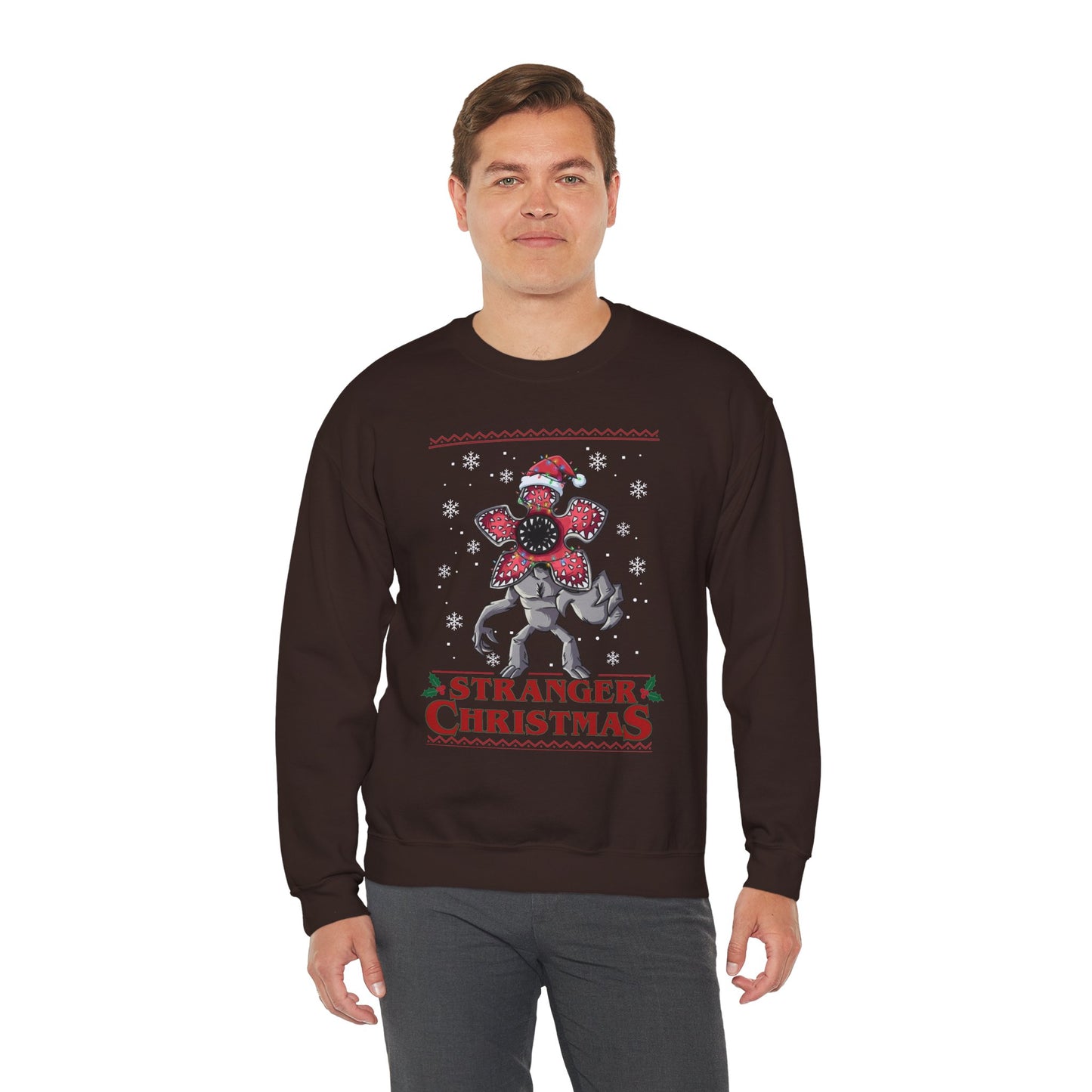 Stranger Christmas Crewneck Sweatshirt — Retro Holiday Stranger Things Demogorgon Design, Ugly Sweater