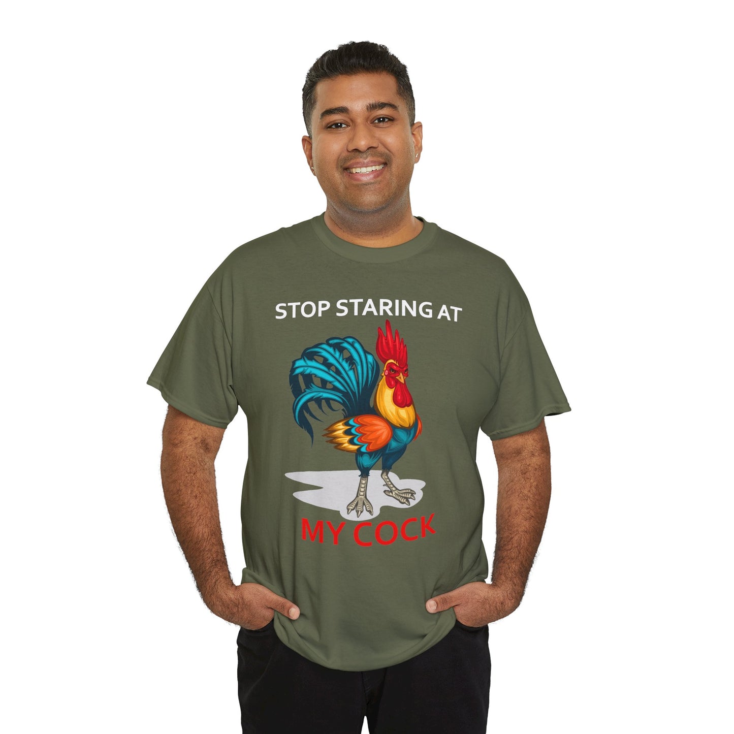 Unisex farm animal T-shirt featuring a humorous "Stop Staring at My Cock" chicken graphic, made by Printify.