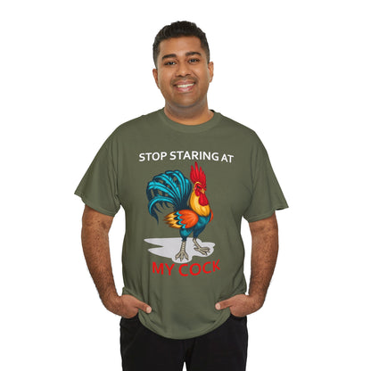 Unisex farm animal T-shirt featuring a humorous "Stop Staring at My Cock" chicken graphic, made by Printify.