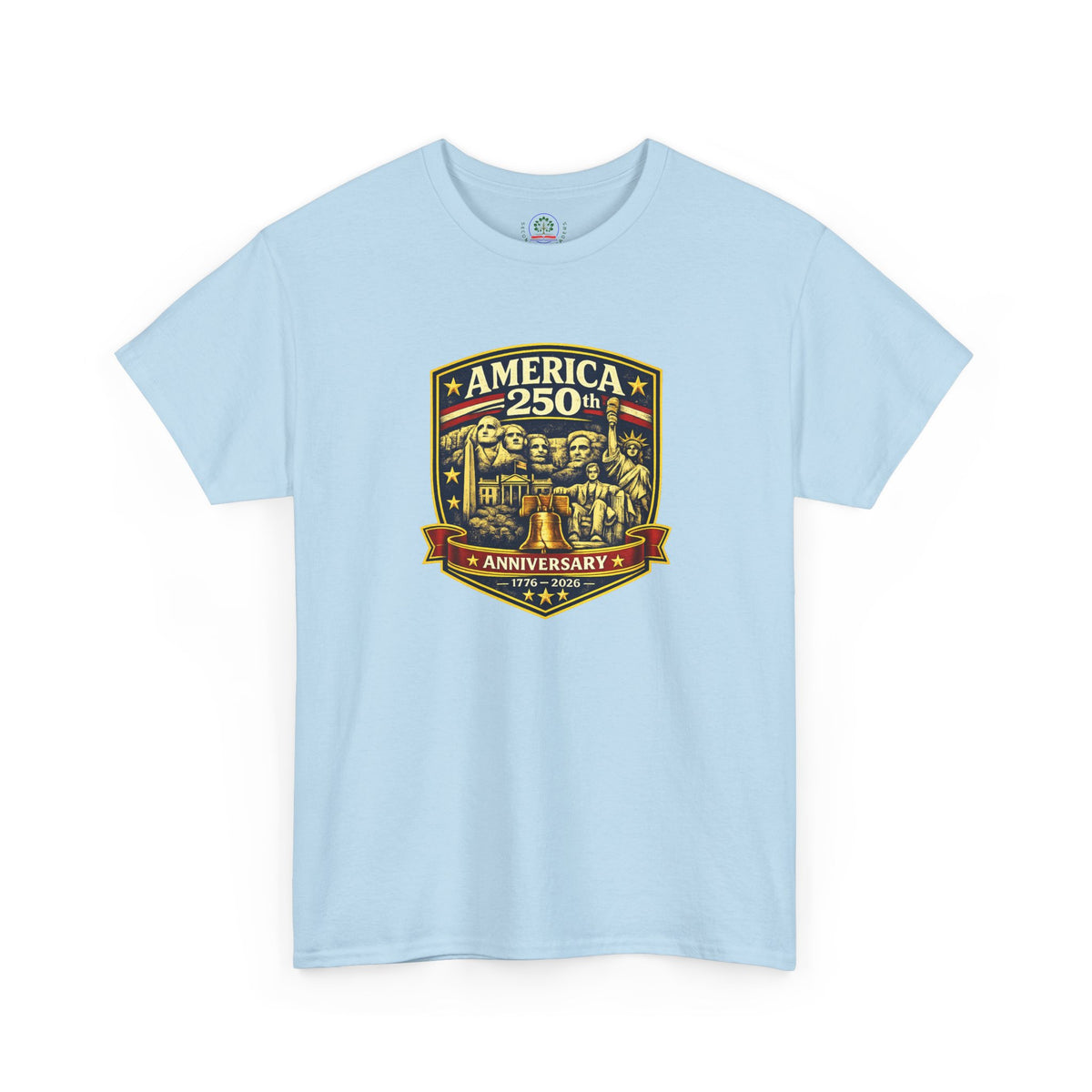 America 250th Anniversary patriotic T-shirt by Printify featuring a badge design and USA flag imagery.
