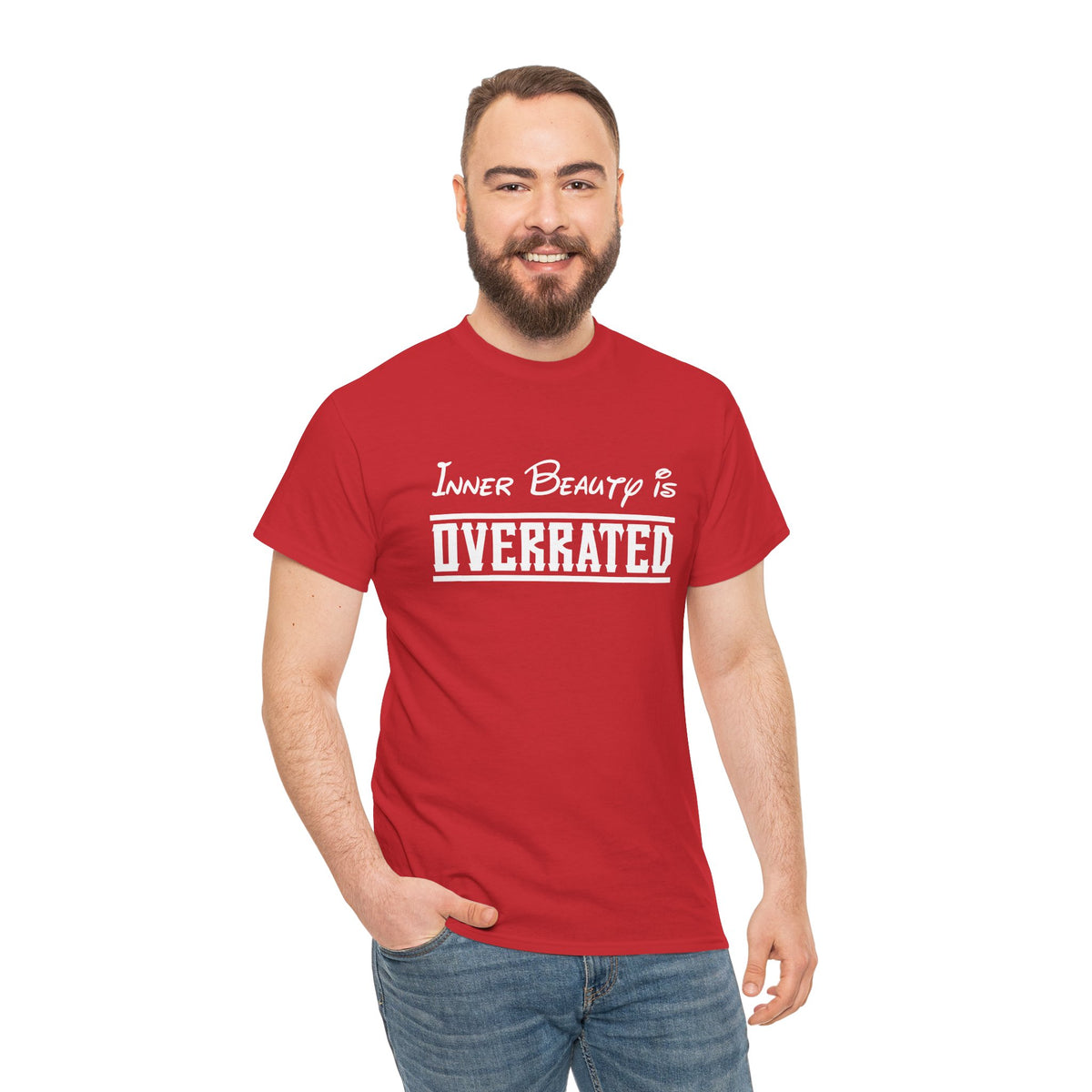 Unisex graphic T-shirt featuring "Inner Beauty Is Overrated" slogan, humorous and sarcastic design by Printify.