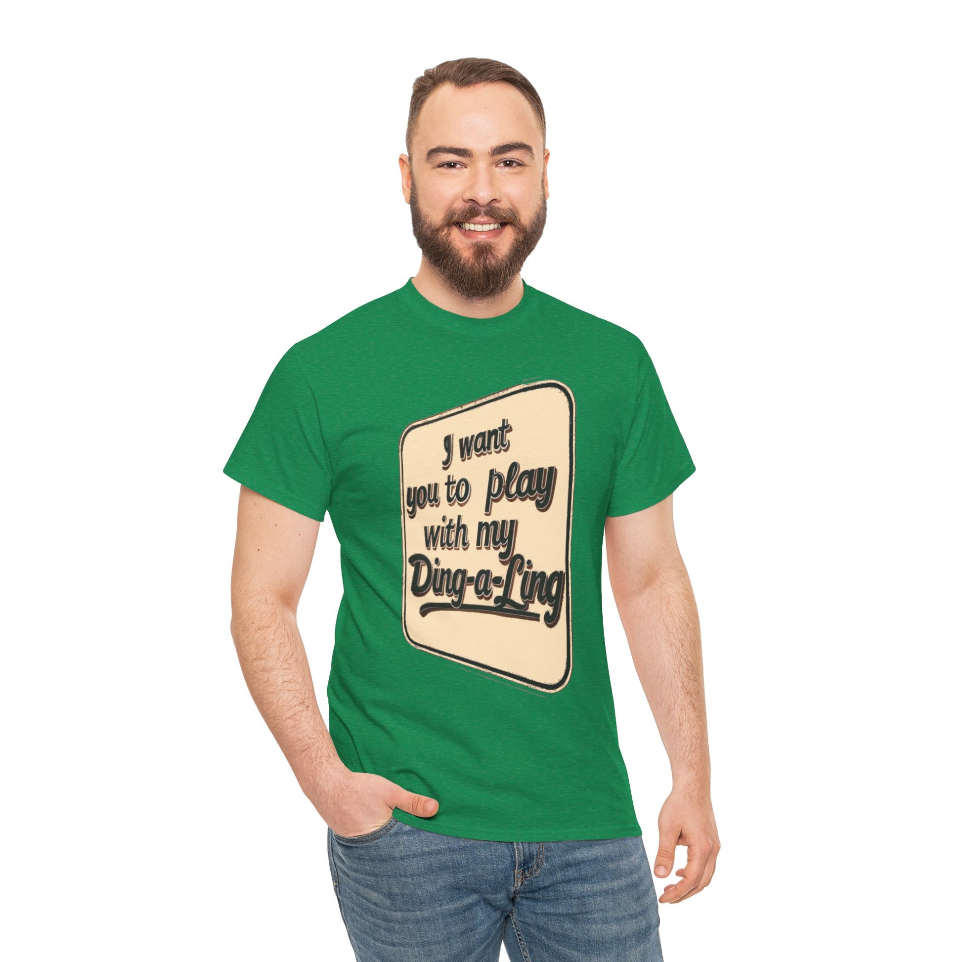 Graphic T-shirt featuring humorous "I Want You to Play with My Ding-a-Ling" design, retro novelty style, by Printify.