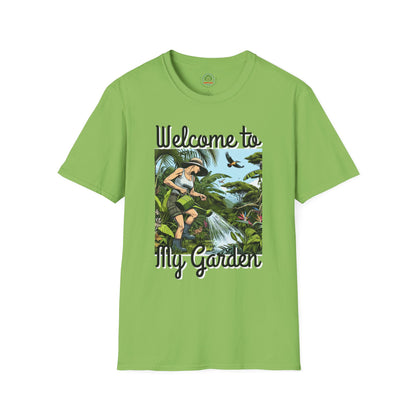 Welcome to My Garden Unisex T-Shirt - Funny Woman Watering Jungle Tee, Plant