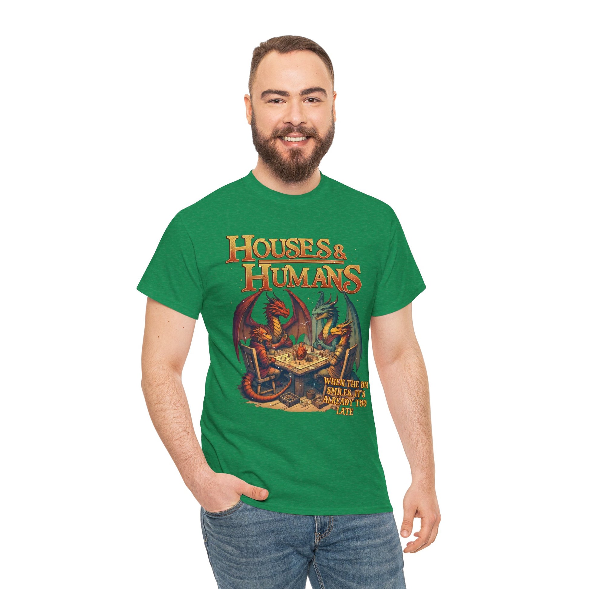 Gray T-shirt featuring Houses and Humans Role-Playing Tee design, perfect for RPG and MTG fans, casual geek gift shirt.