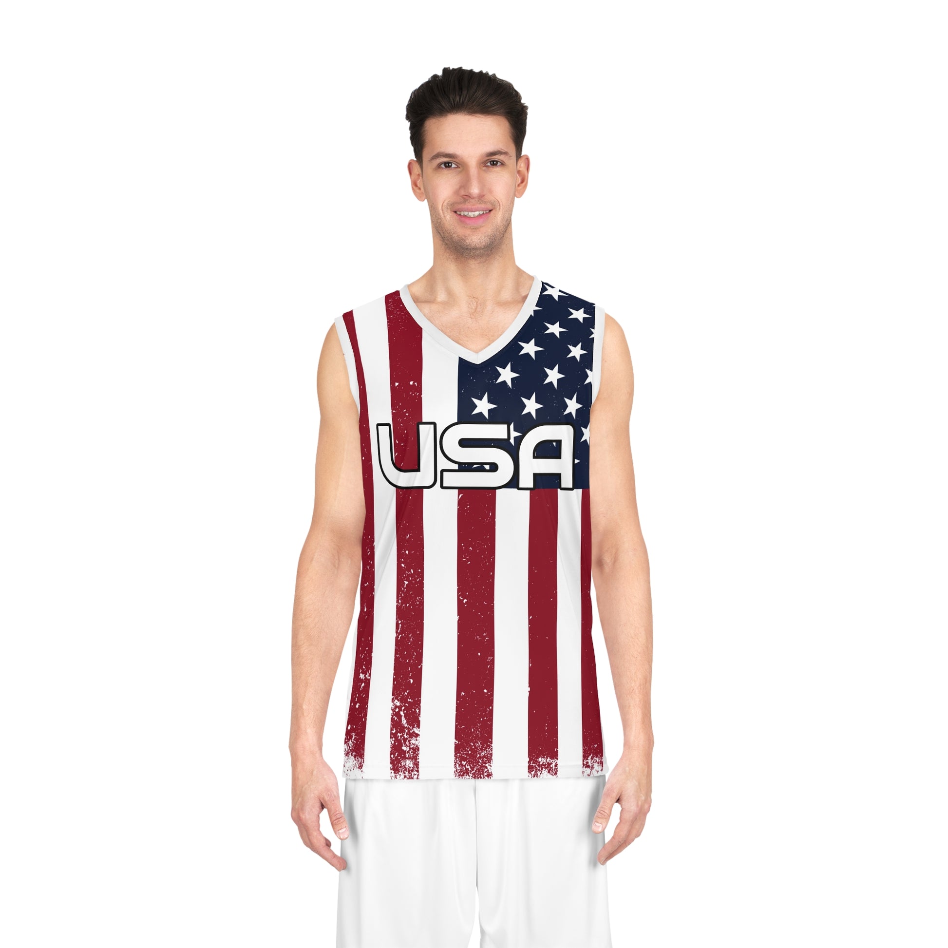 American flag basketball jersey tank with USA all-over print, featuring vibrant patriotic design and sleeveless fit.
