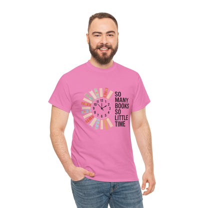 Printify T-shirt featuring a reading clock design for book lovers, showcasing a "So Many Books So Little Time" graphic.