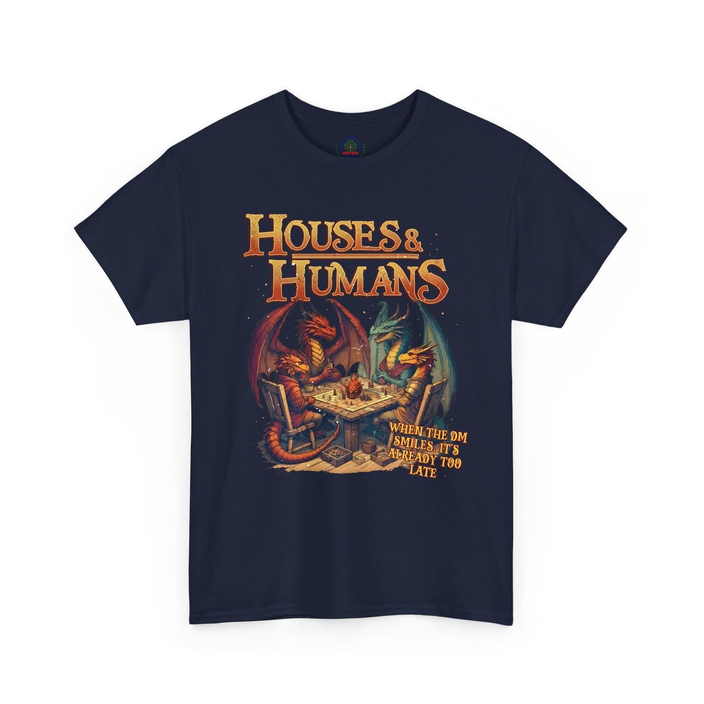 Houses and Humans Role-Playing T-shirt featuring RPG, TCG, and MTG themed design, casual geek gift tee from Printify.