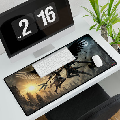 Clash of Angels cyberpunk-themed gaming desk mat, oversized MTG TCG playmat with vibrant futuristic artwork, home decor accessory
