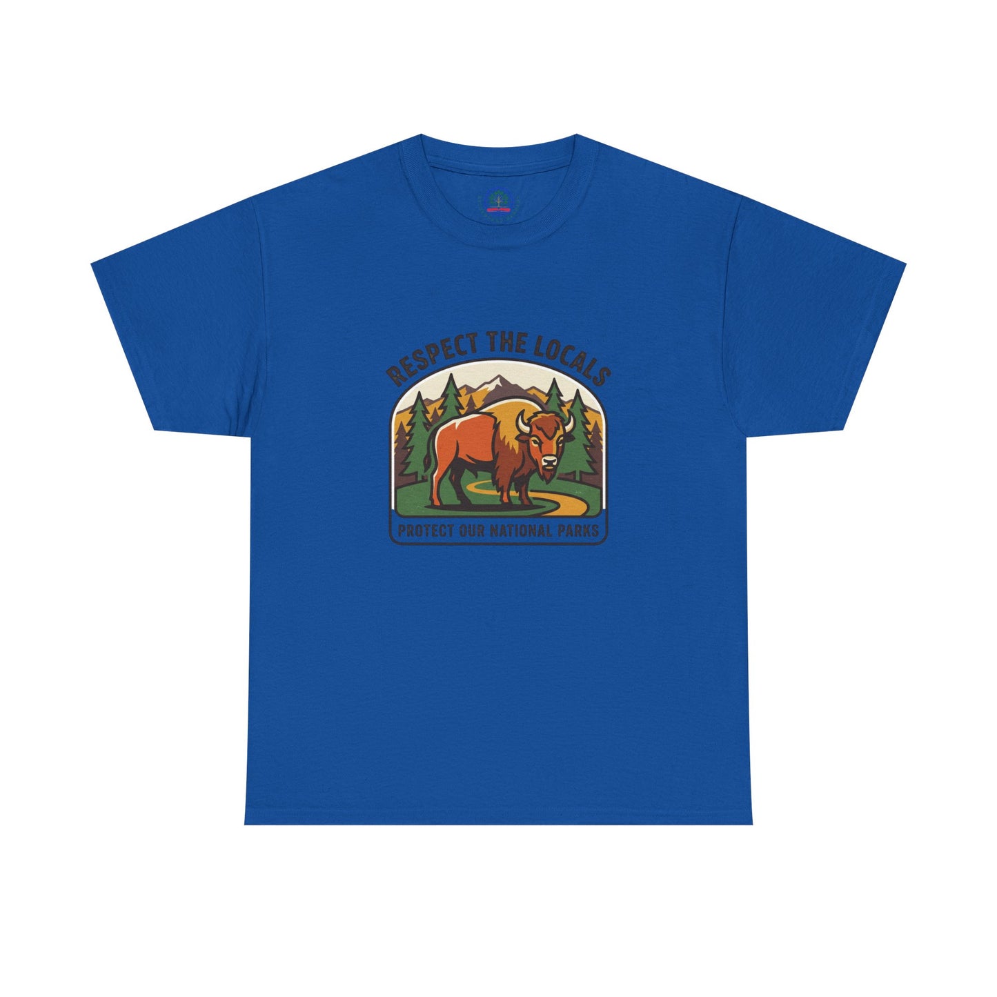 Respect the Locals Bison Patch T-Shirt featuring a bison graphic, ideal for hiking and camping souvenirs, by Printify.
