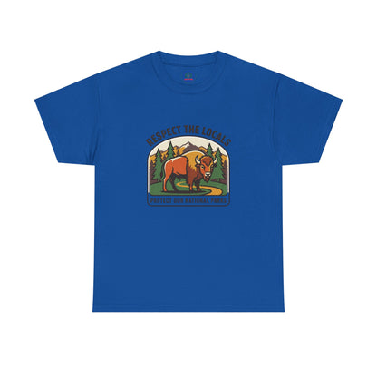 Respect the Locals Bison Patch T-Shirt featuring a bison graphic, ideal for hiking and camping souvenirs, by Printify.