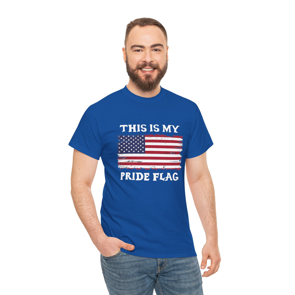 Unisex patriotic T-shirt featuring a distressed American flag design with the phrase "This Is My Pride Flag" by Printify.
