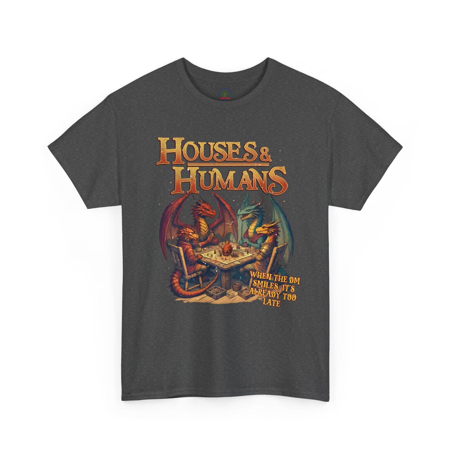 Black T-shirt featuring Houses and Humans Role-Playing Tee design, perfect for RPG and MTG fans, casual geek gift shirt.